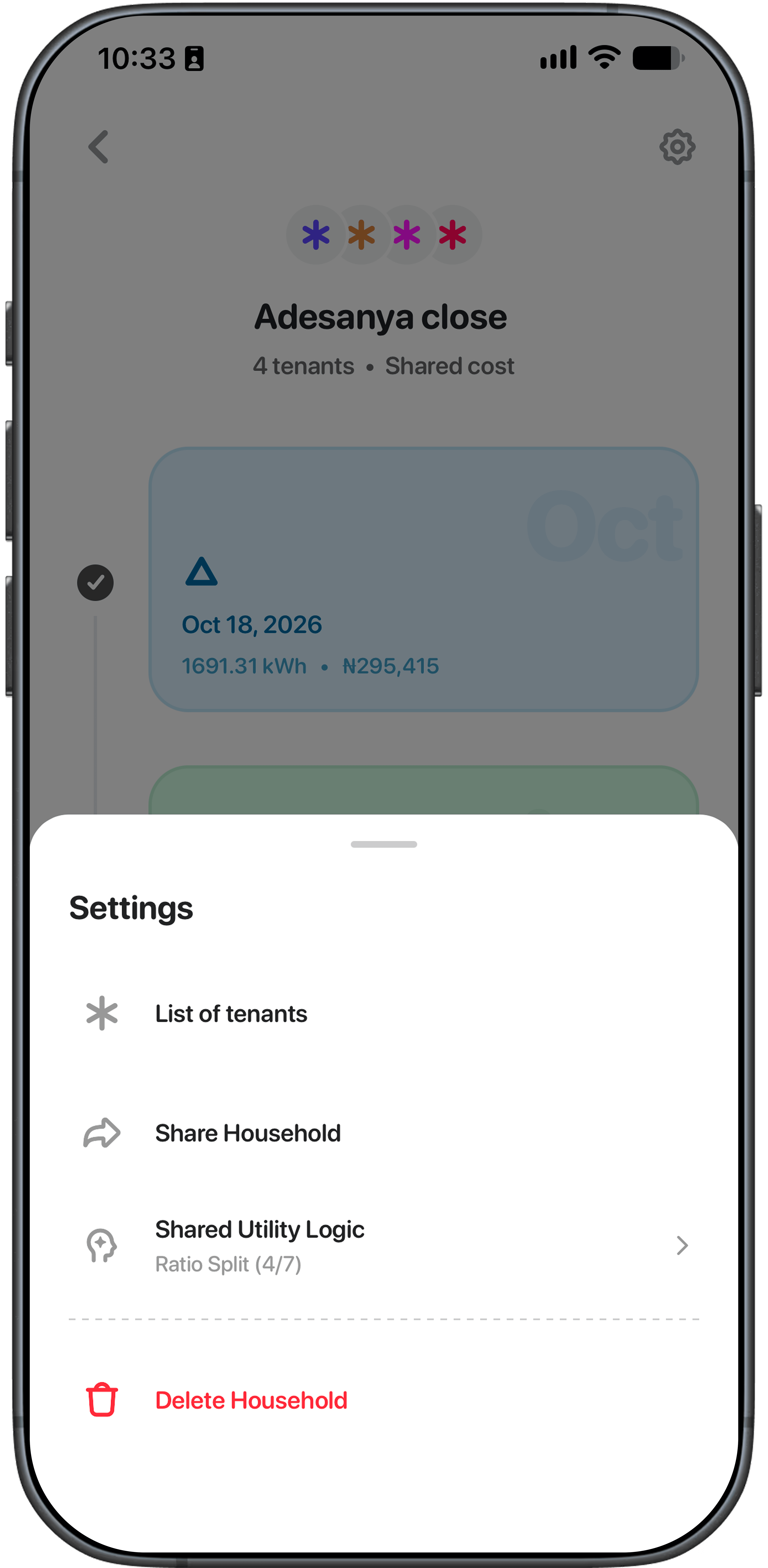 Household settings sheet with List of tenants, Share Household, Shared Utility Logic set to Ratio Split (4/7), and Delete Household