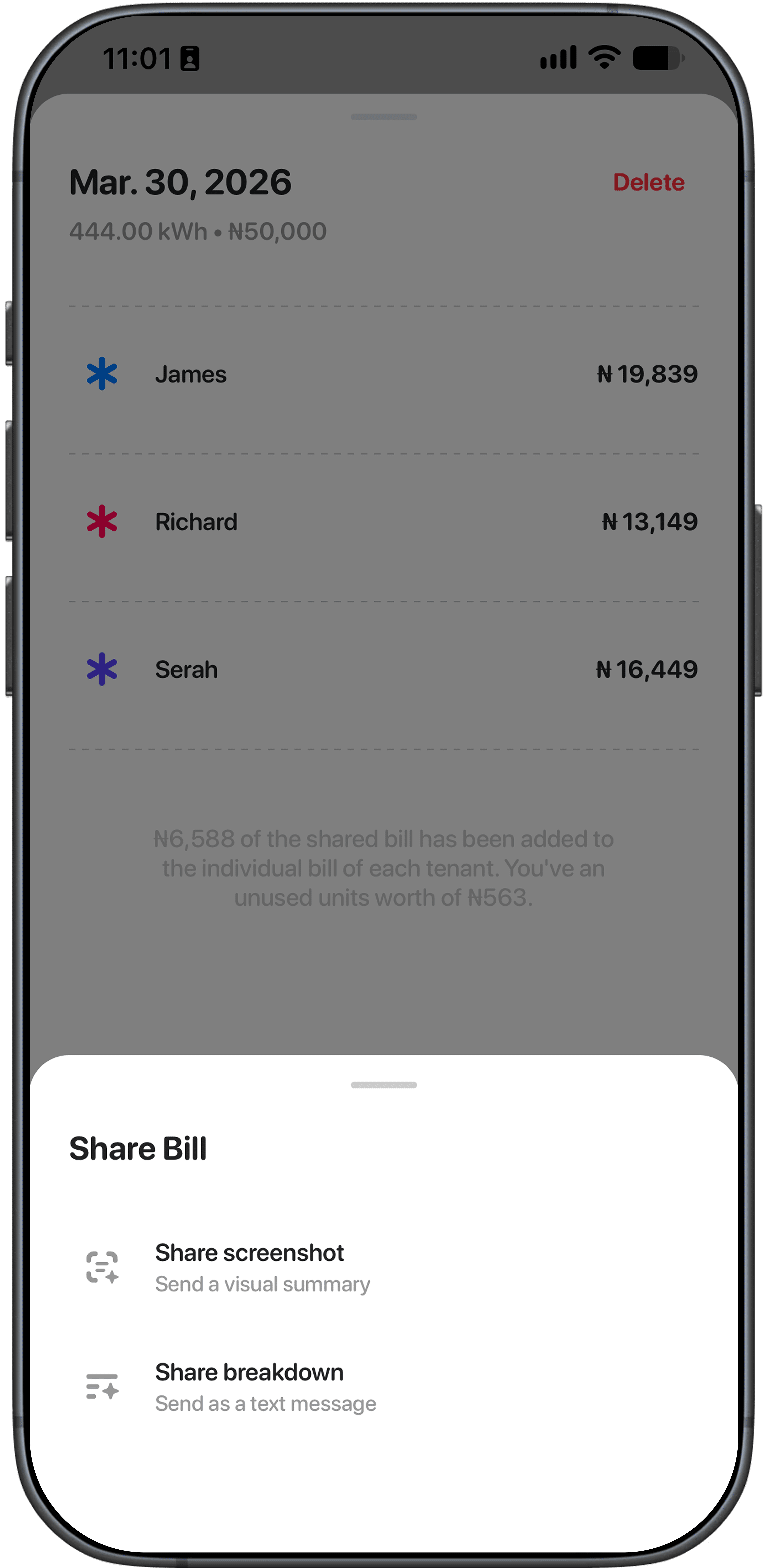 A bill for Mar. 30, 2026 with each tenant's share, and a Share Bill sheet offering Share screenshot (a visual summary) or Share breakdown (a text message)